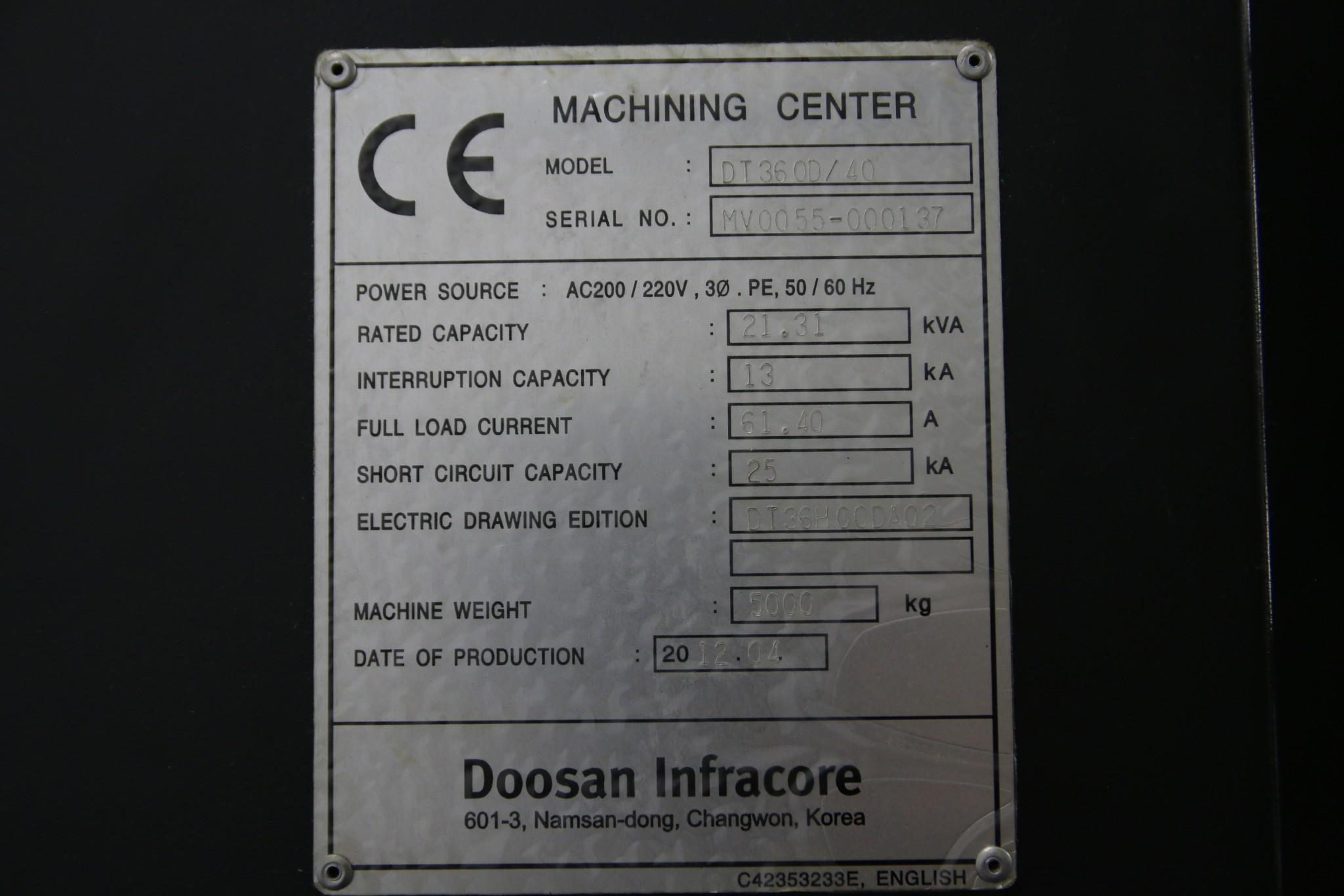 2012 DOOSAN DT 360D 40 TAPER CNC DUAL PALLET DRILL AND TAP, WITH 8 KURT VISES - Image 21